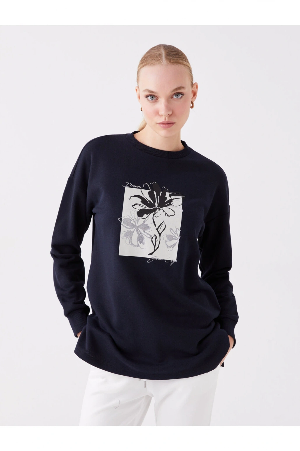 Bisiklet Yaka Baskılı Uzun Kollu Oversize Kadın Sweatshirt Tunik