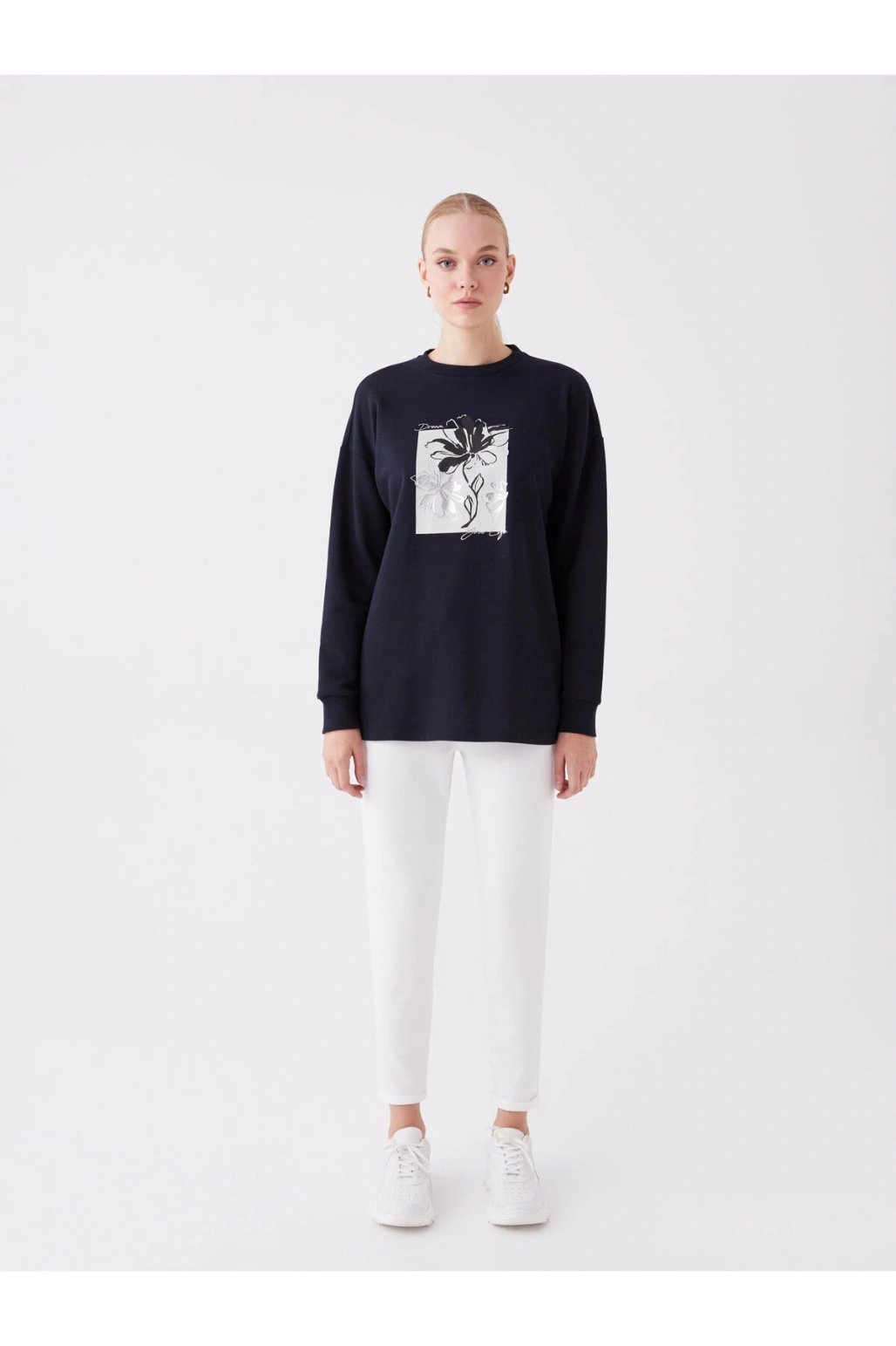 Bisiklet Yaka Baskılı Uzun Kollu Oversize Kadın Sweatshirt Tunik