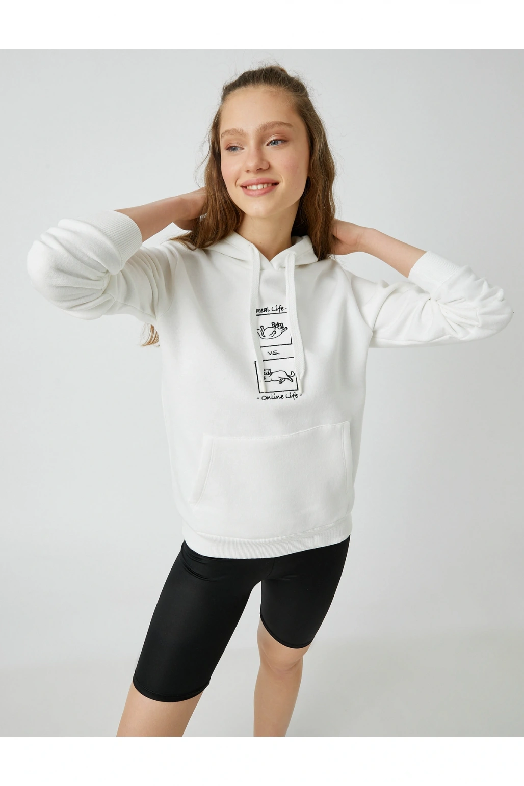 Kedi Baskılı Kapüşonlu Sweatshirt Uzun Kollu Içi Polarlı