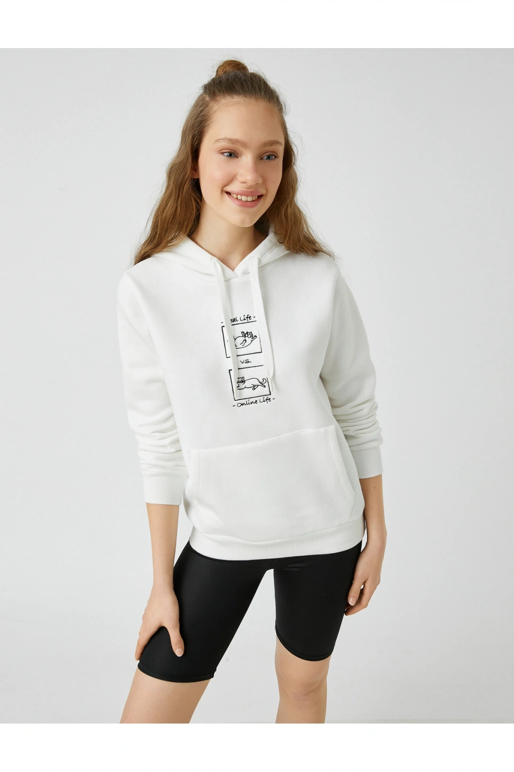 Kedi Baskılı Kapüşonlu Sweatshirt Uzun Kollu Içi Polarlı