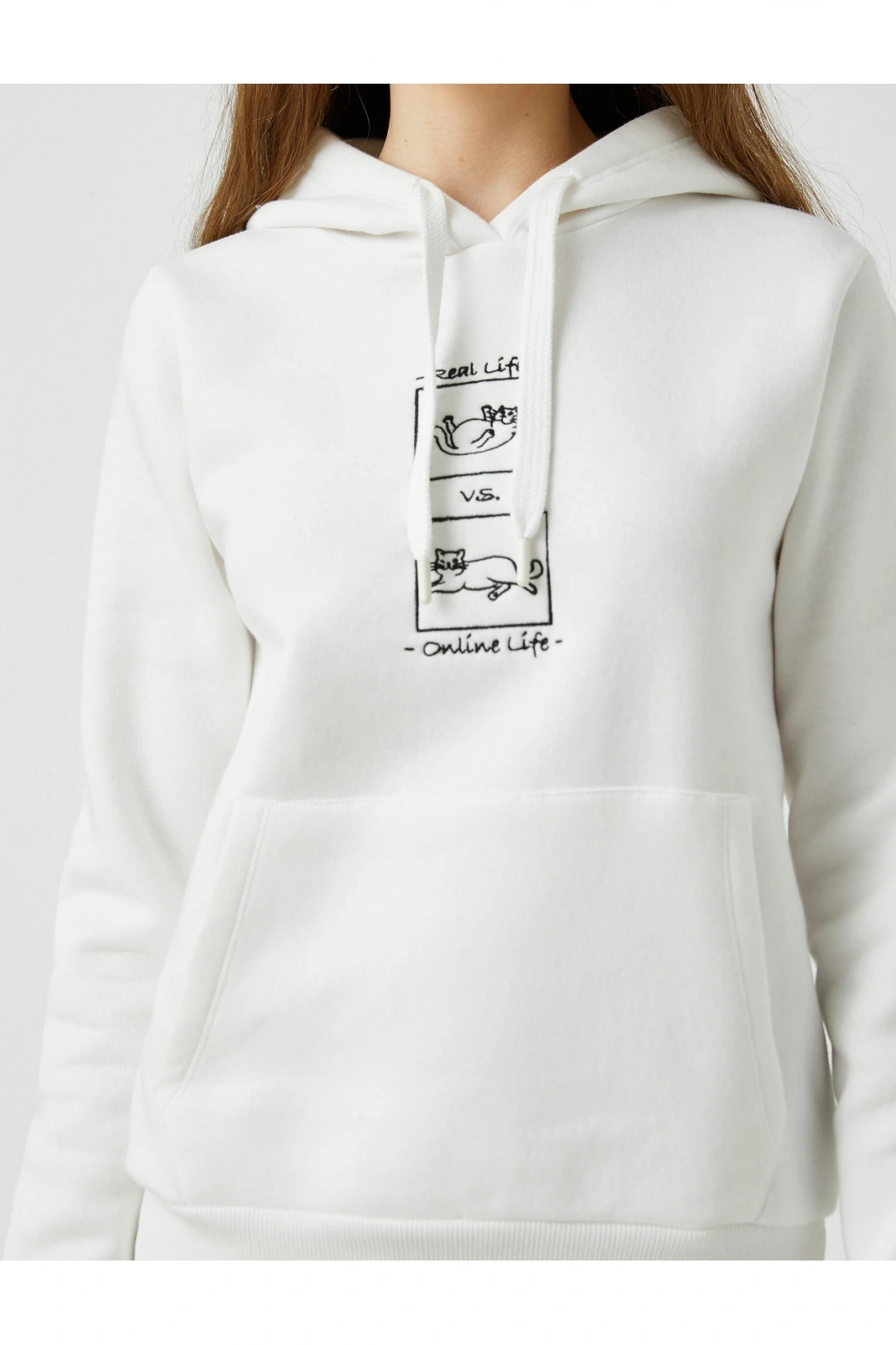 Kedi Baskılı Kapüşonlu Sweatshirt Uzun Kollu Içi Polarlı