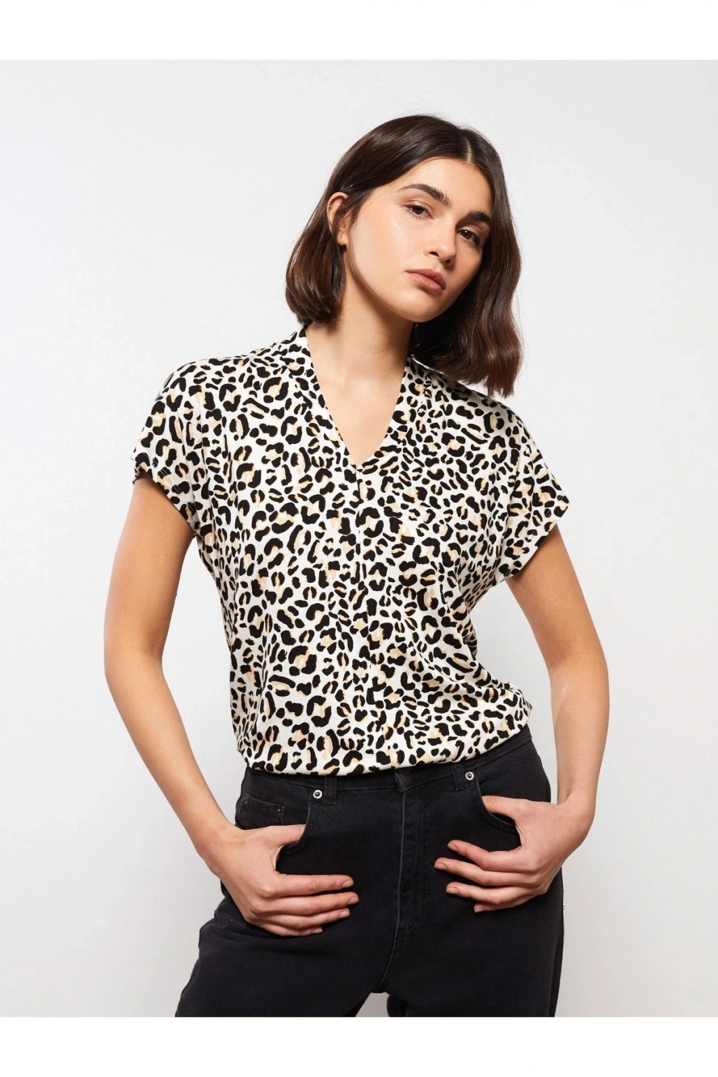 LCWAIKIKI Classic Karışık V Yaka Desenli Kısa Kollu Kadın Bluz