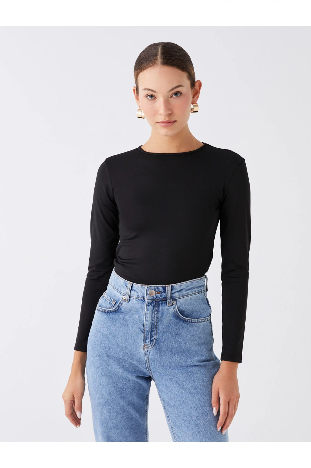 Bisiklet Yaka Düz Uzun Kollu Kadın Tişört