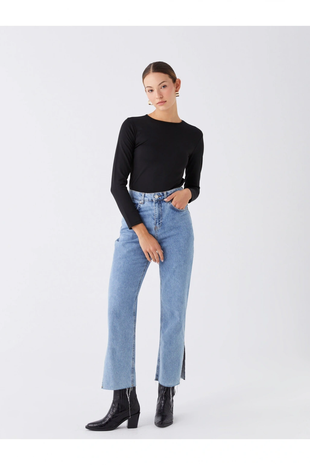 Bisiklet Yaka Düz Uzun Kollu Kadın Tişört