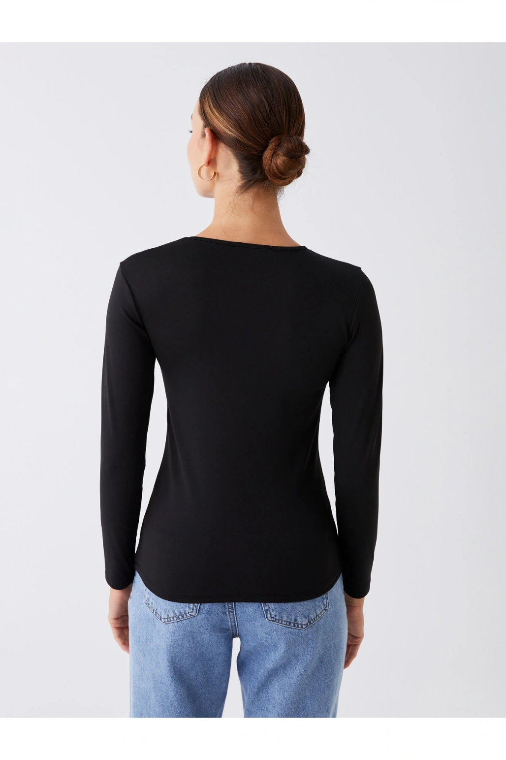 Bisiklet Yaka Düz Uzun Kollu Kadın Tişört