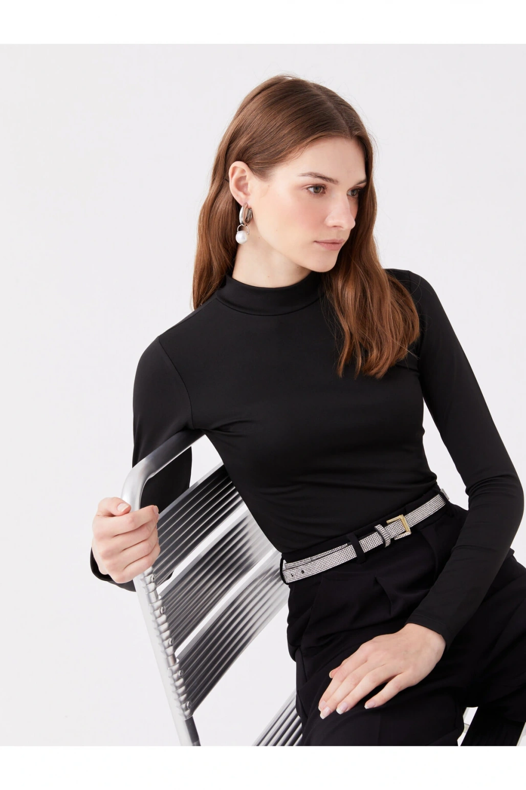 Bisiklet Yaka Düz Uzun Kollu Kadın Tişört