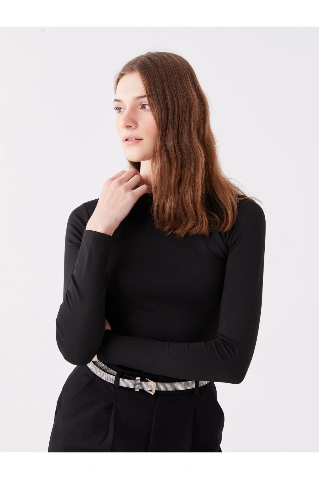 Bisiklet Yaka Düz Uzun Kollu Kadın Tişört