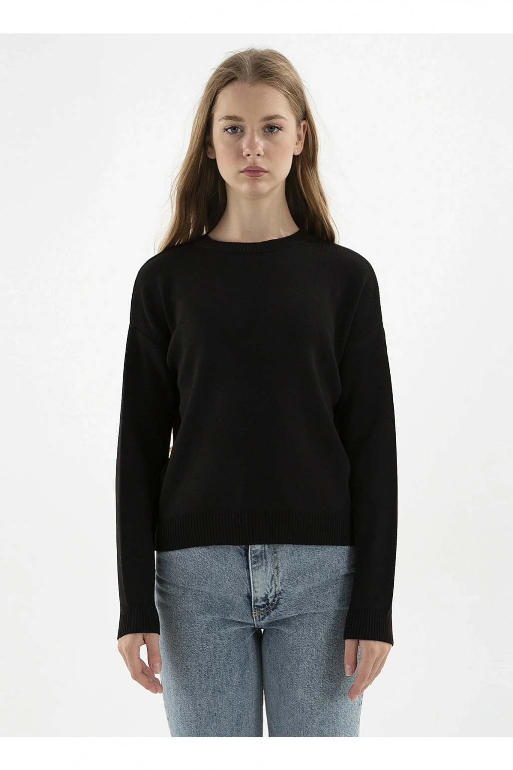 Bisiklet Yaka Düz Siyah Kadın Kazak 22k0166k1