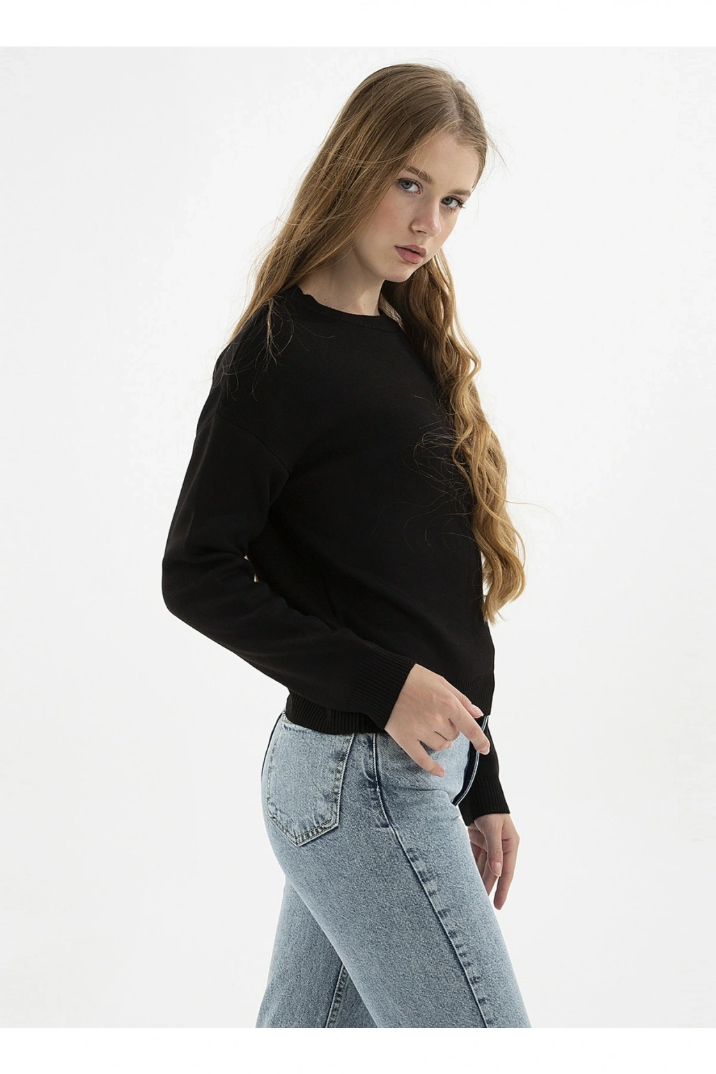 Bisiklet Yaka Düz Siyah Kadın Kazak 22k0166k1