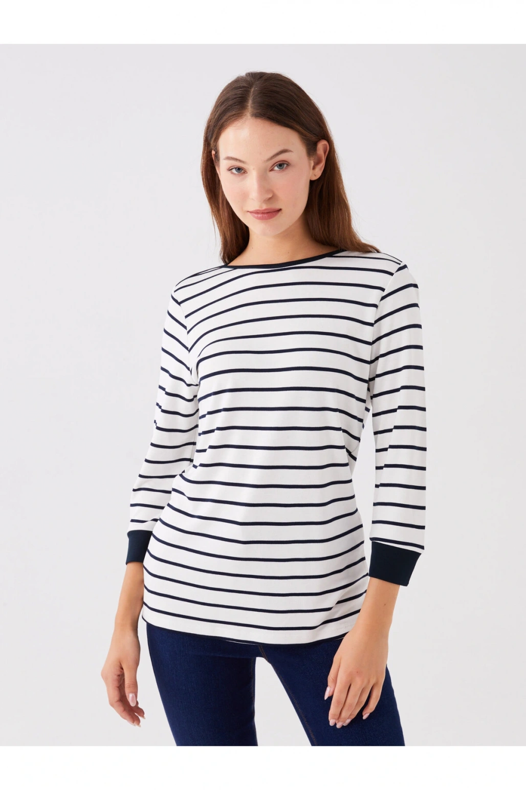 Kayık Yaka Çizgili Kadın Tişört