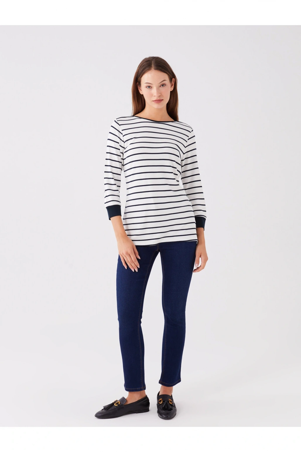 Kayık Yaka Çizgili Kadın Tişört
