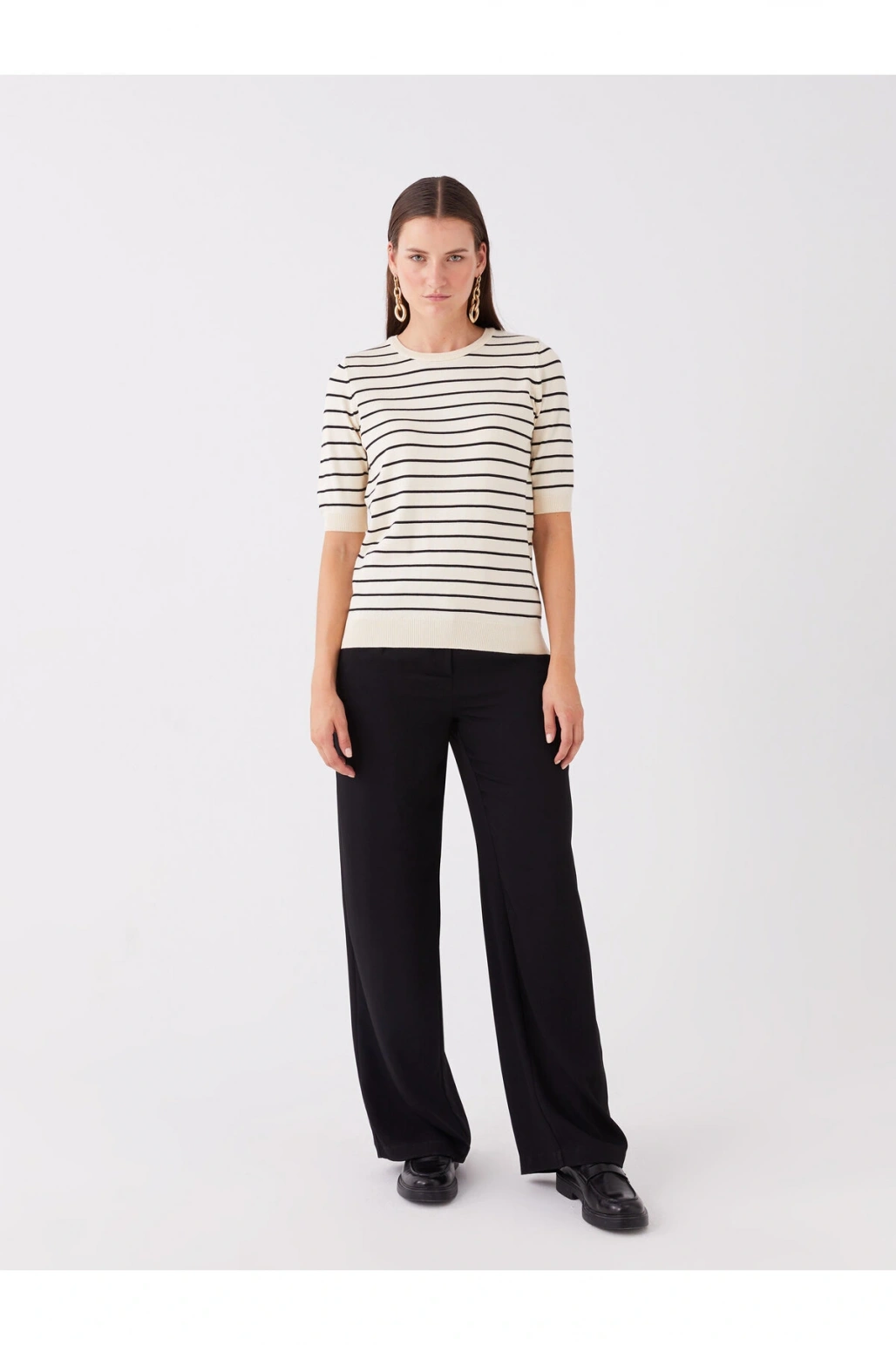 Bisiklet Yaka Çizgili Kısa Kollu Kadın Triko Kazak