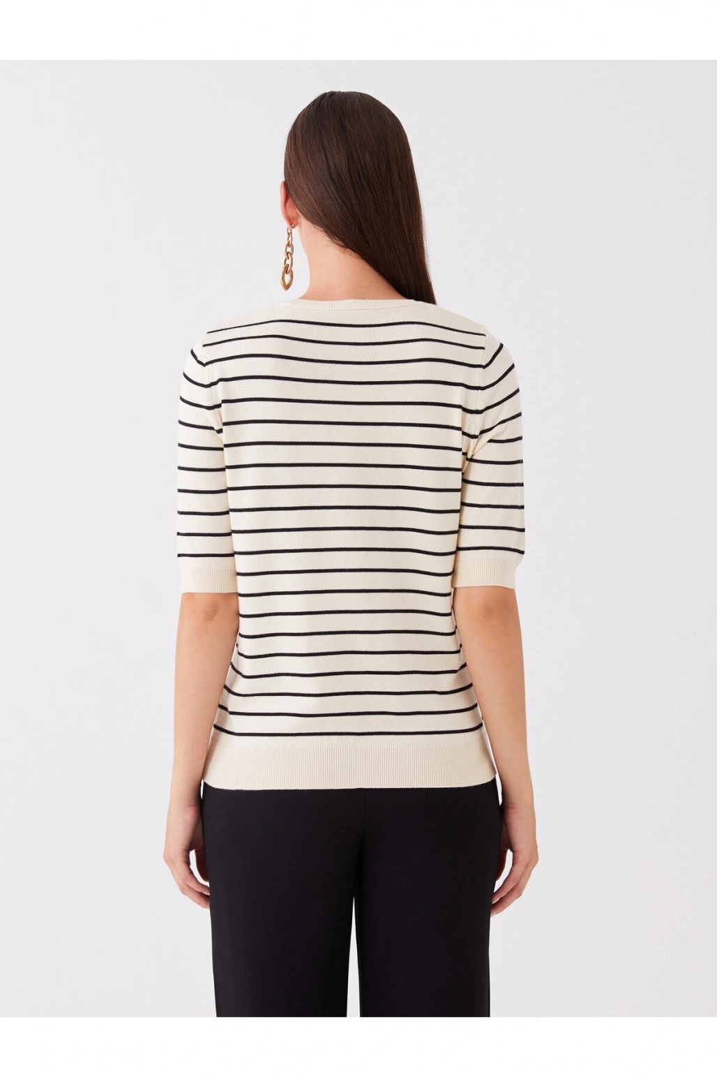 Bisiklet Yaka Çizgili Kısa Kollu Kadın Triko Kazak