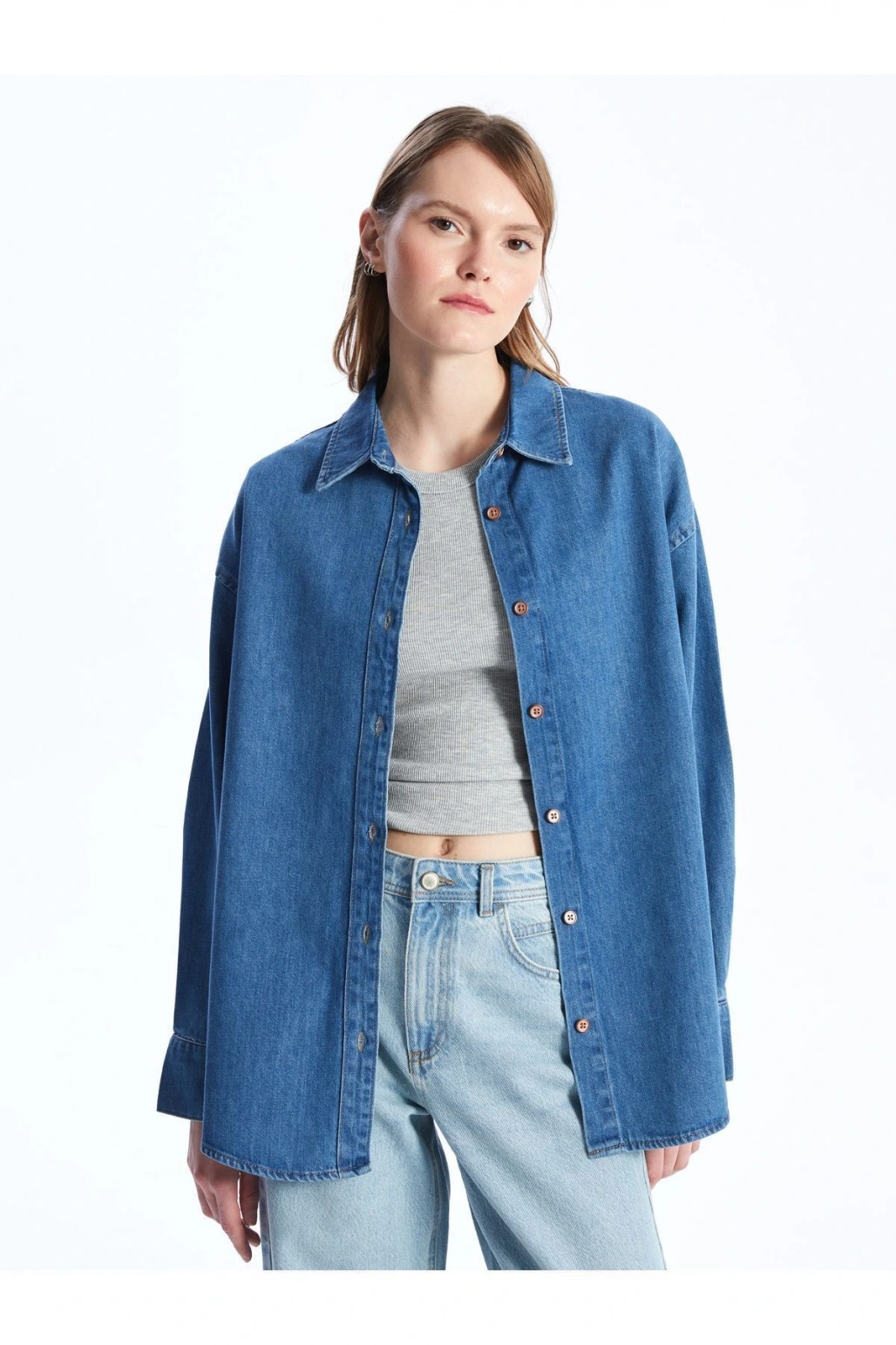 Düz Uzun Kollu Oversize Kadın Jean Gömlek