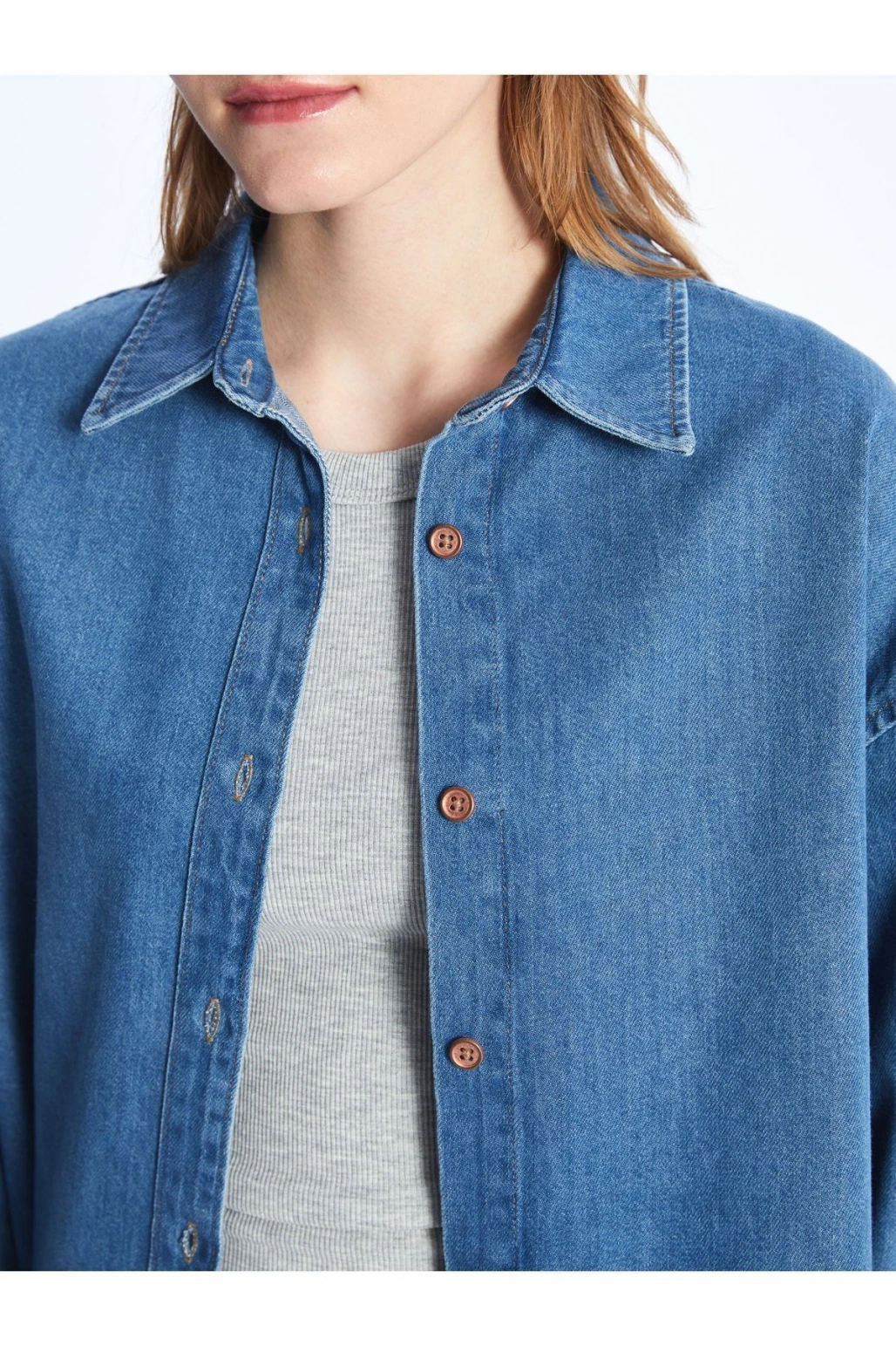 Düz Uzun Kollu Oversize Kadın Jean Gömlek