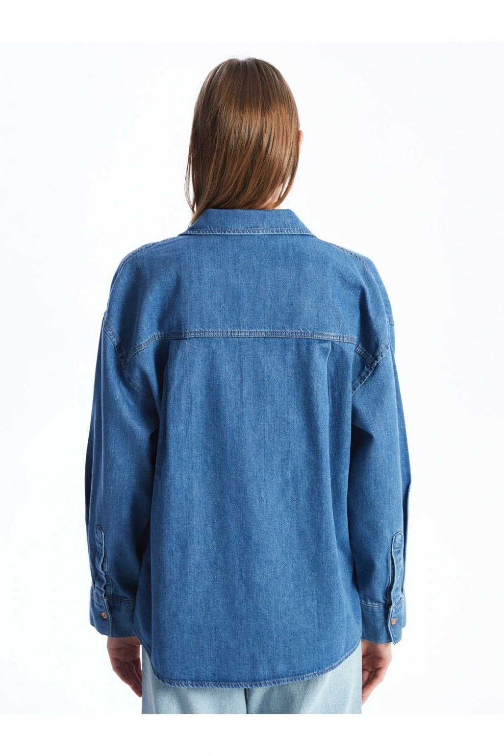 Düz Uzun Kollu Oversize Kadın Jean Gömlek