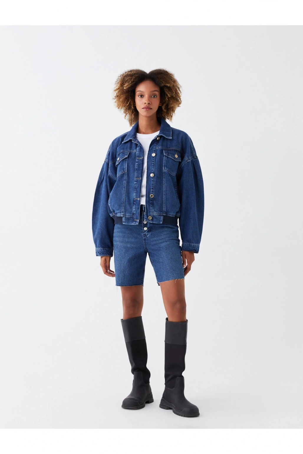 Gömlek Yaka Düz Uzun Kollu Oversize Kadın Jean Ceket