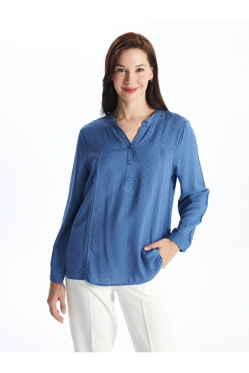 LCW Kaçık Yaka Kendinden Desenli Uzun Kollu Kadın Bluz