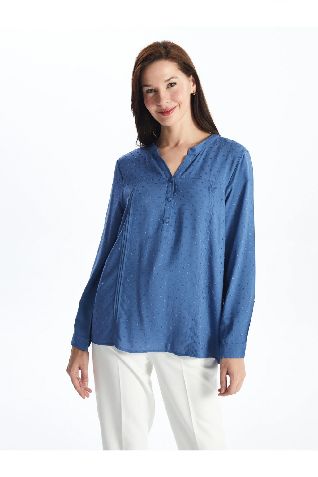 LCW Kaçık Yaka Kendinden Desenli Uzun Kollu Kadın Bluz