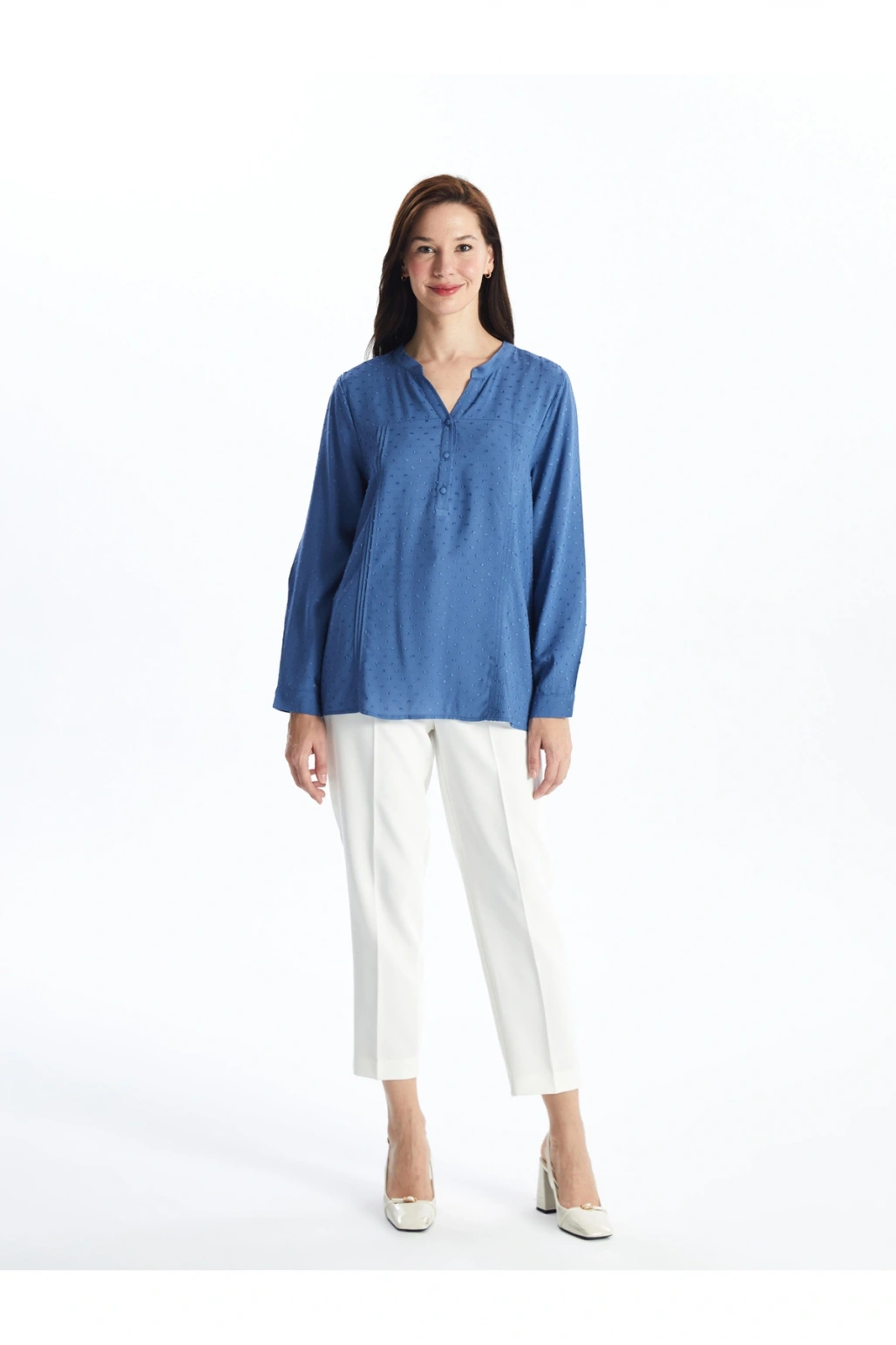 LCW Kaçık Yaka Kendinden Desenli Uzun Kollu Kadın Bluz