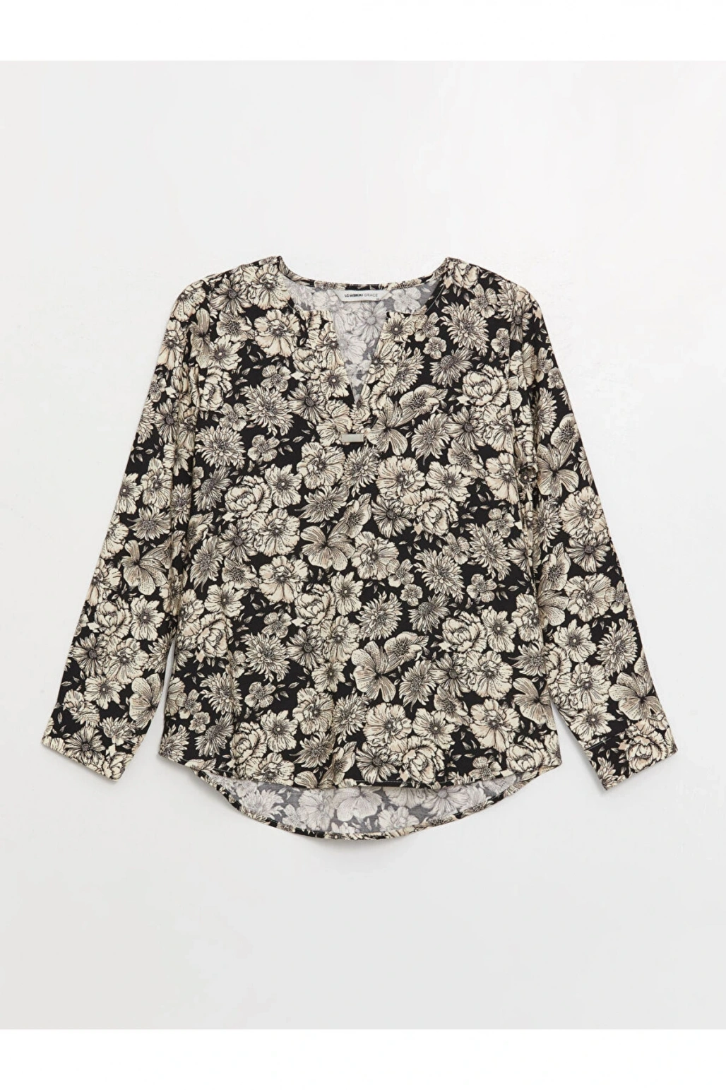Kaçık Yaka Çiçekli Uzun Kollu Kadın Bluz