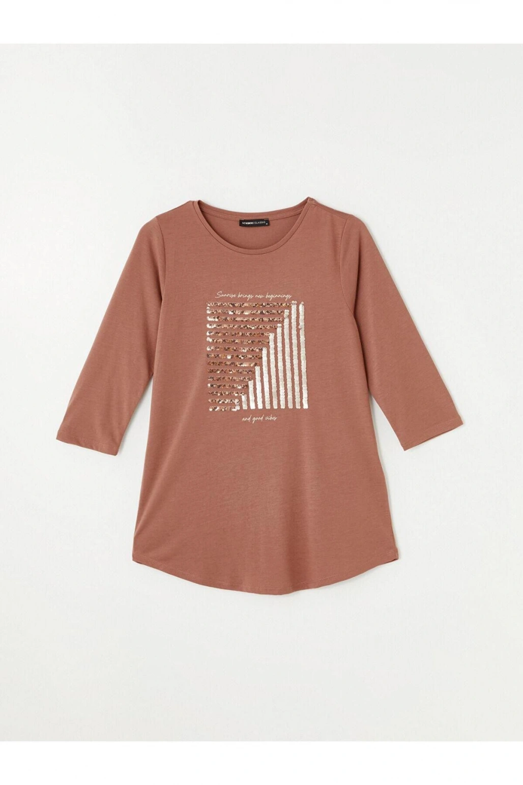 LCWAIKIKI Basic Açık Kahverengi Bisiklet Yaka Pul Payetli Uzun Kollu Kadın Bluz