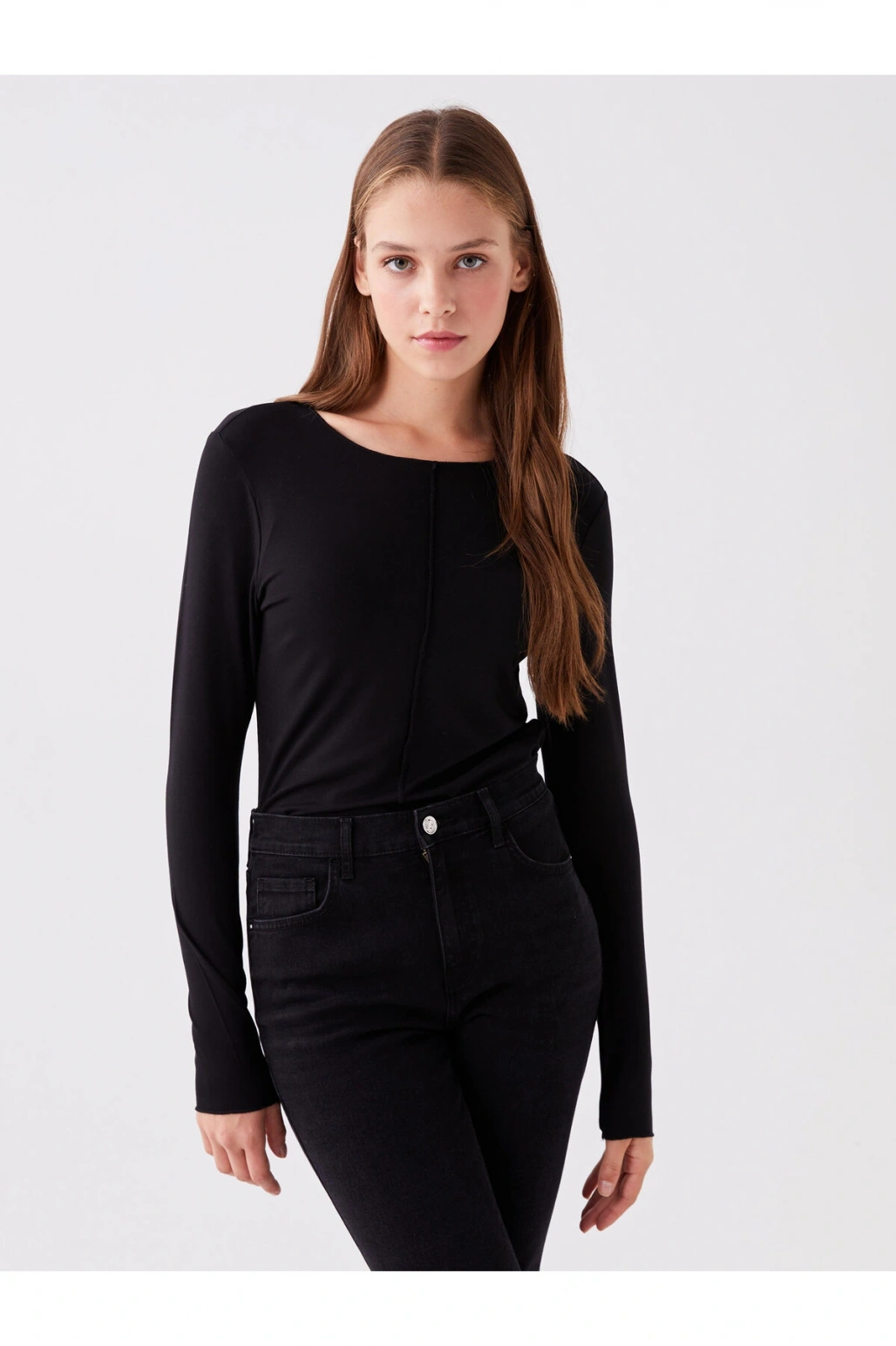 Bisiklet Yaka Düz Uzun Kollu Kadın Tişört