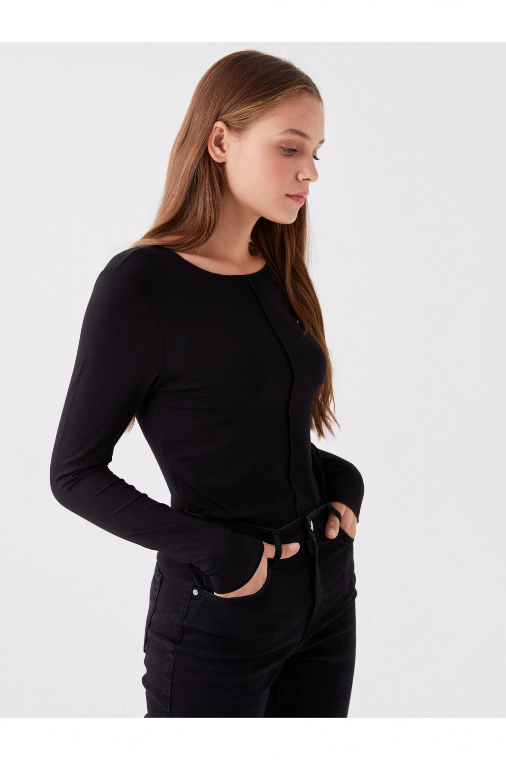 Bisiklet Yaka Düz Uzun Kollu Kadın Tişört