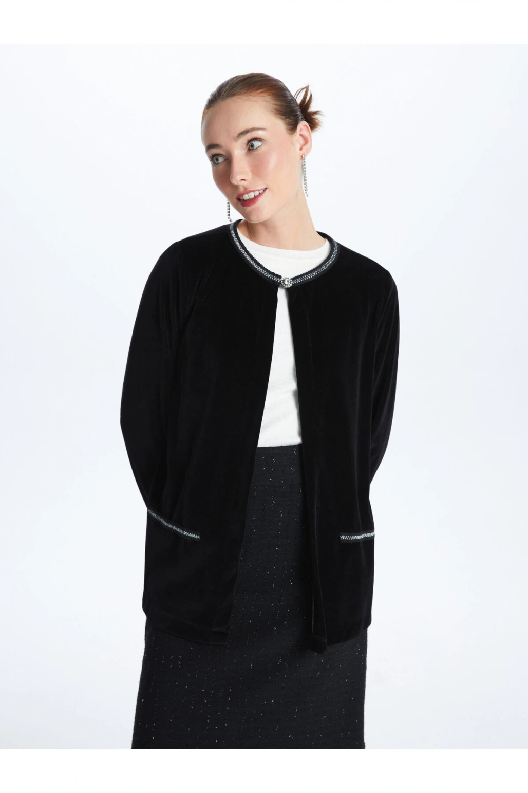 Bisiklet Yaka Düz Uzun Kollu Kadın Hırka