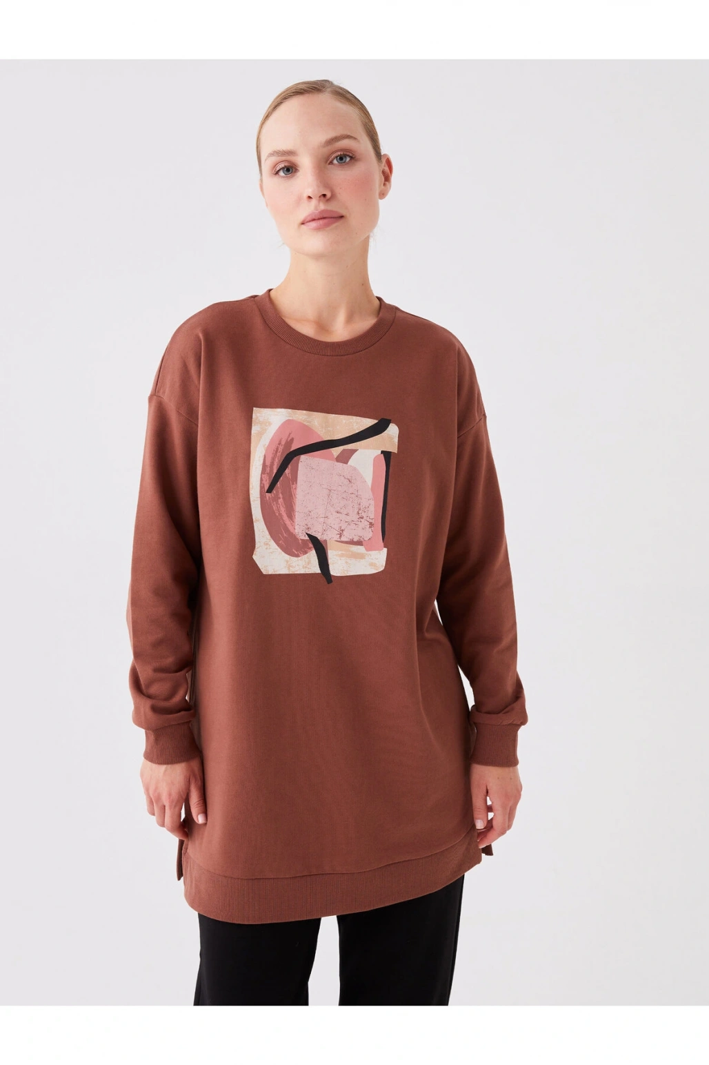 Bisiklet Yaka Baskılı Uzun Kollu Oversize Kadın Sweatshirt Tunik