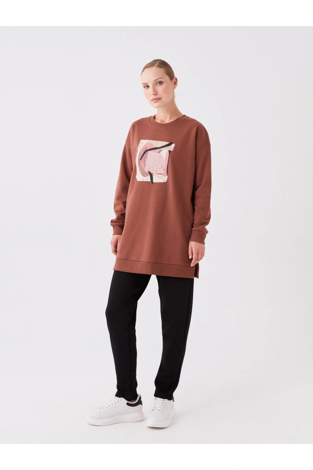 Bisiklet Yaka Baskılı Uzun Kollu Oversize Kadın Sweatshirt Tunik