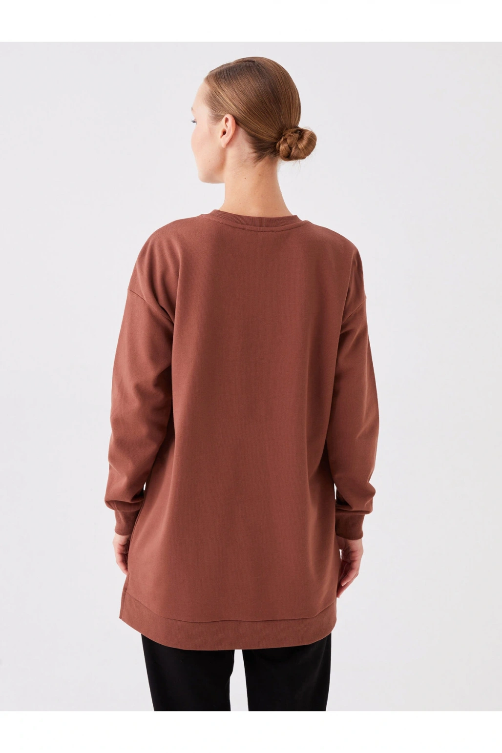 Bisiklet Yaka Baskılı Uzun Kollu Oversize Kadın Sweatshirt Tunik