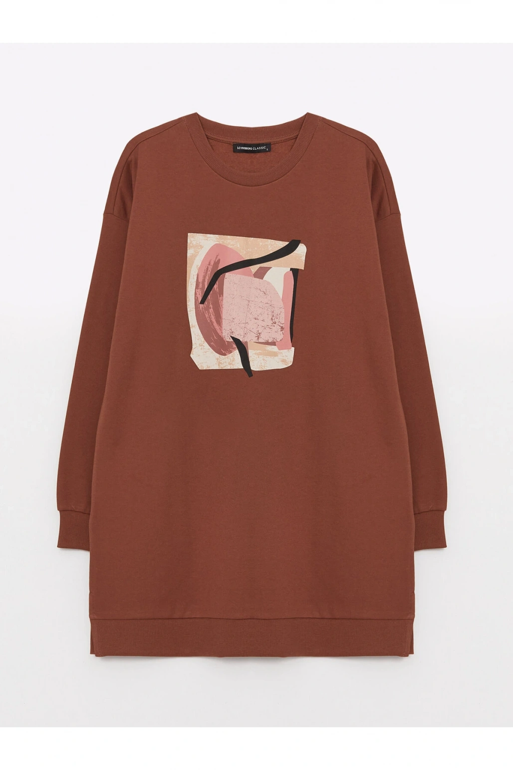 Bisiklet Yaka Baskılı Uzun Kollu Oversize Kadın Sweatshirt Tunik