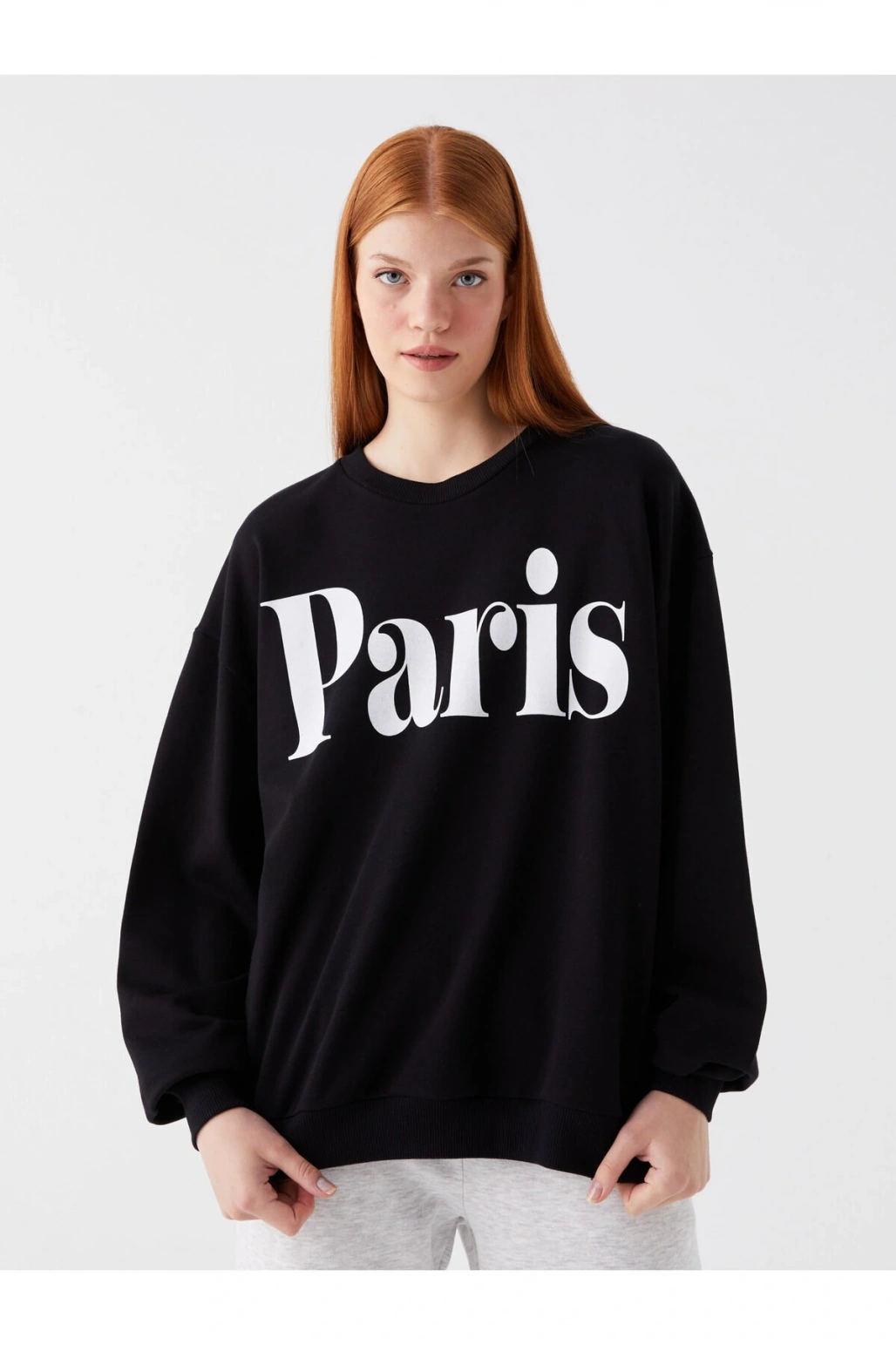 Bisiklet Yaka Baskılı Uzun Kollu Oversize Kadın Sweatshirt Tunik