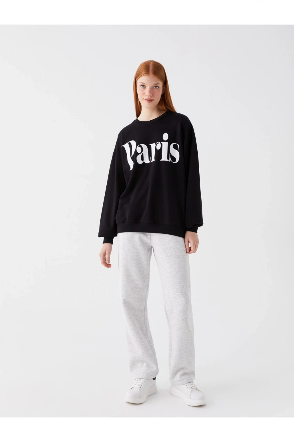 Bisiklet Yaka Baskılı Uzun Kollu Oversize Kadın Sweatshirt Tunik