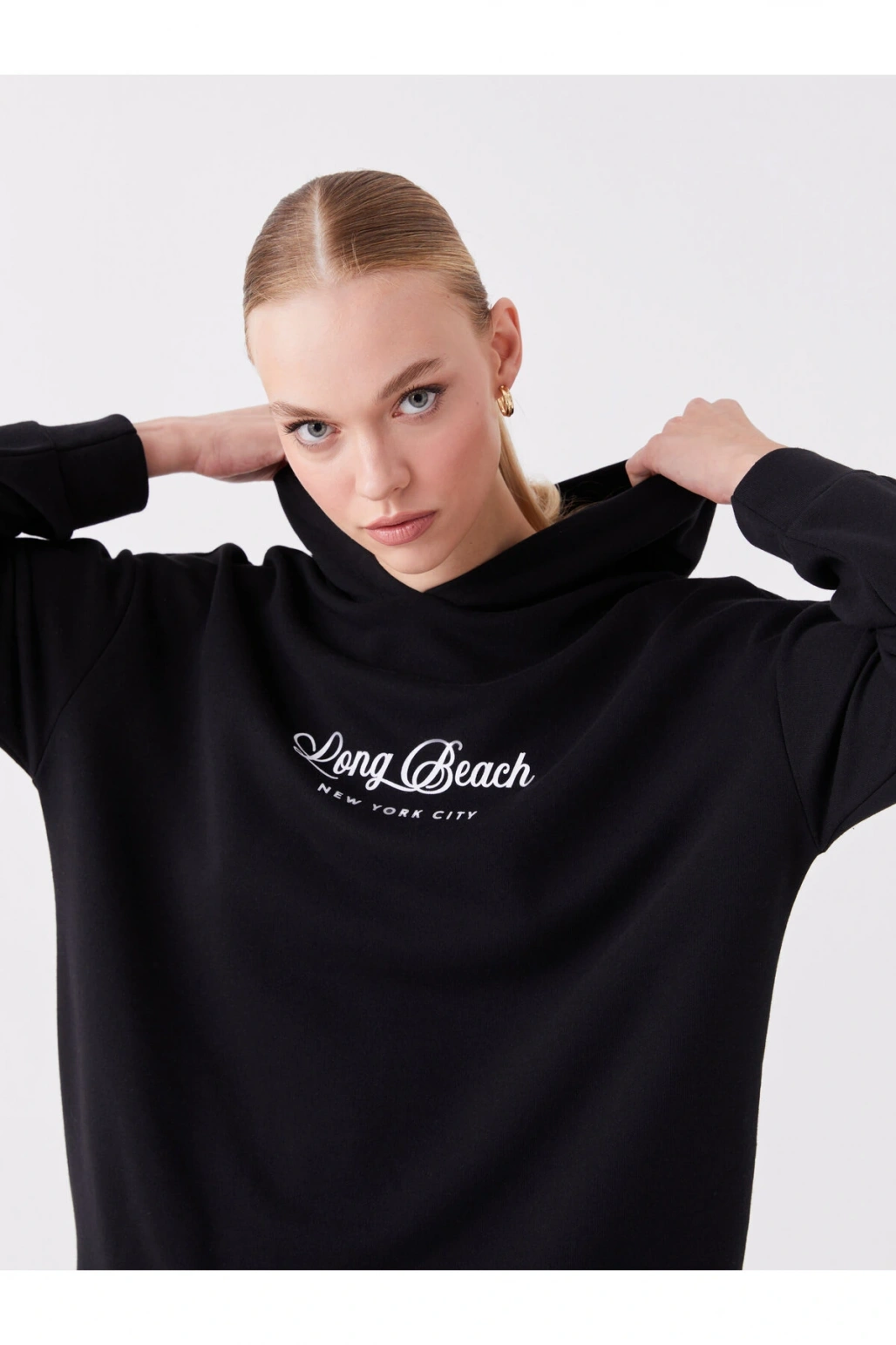 Baskılı Uzun Kollu Oversize Kadın Hoodie