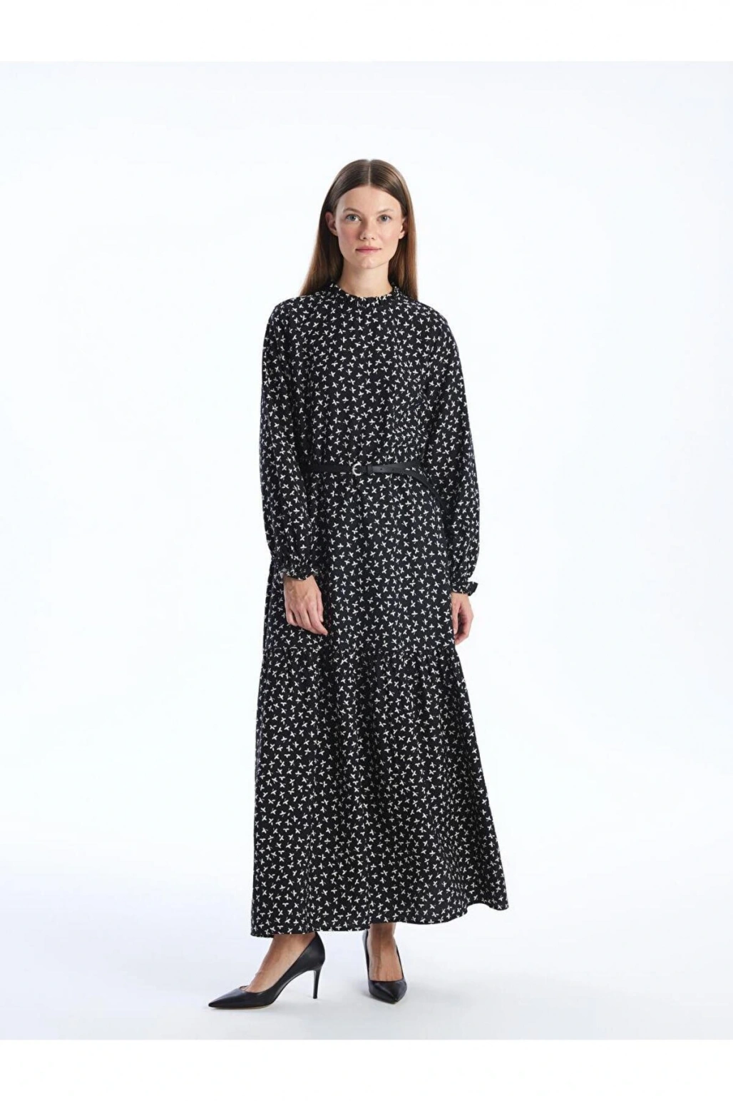Siyah Baskılı Dik Yaka Desenli Uzun Kollu Kadın Elbise