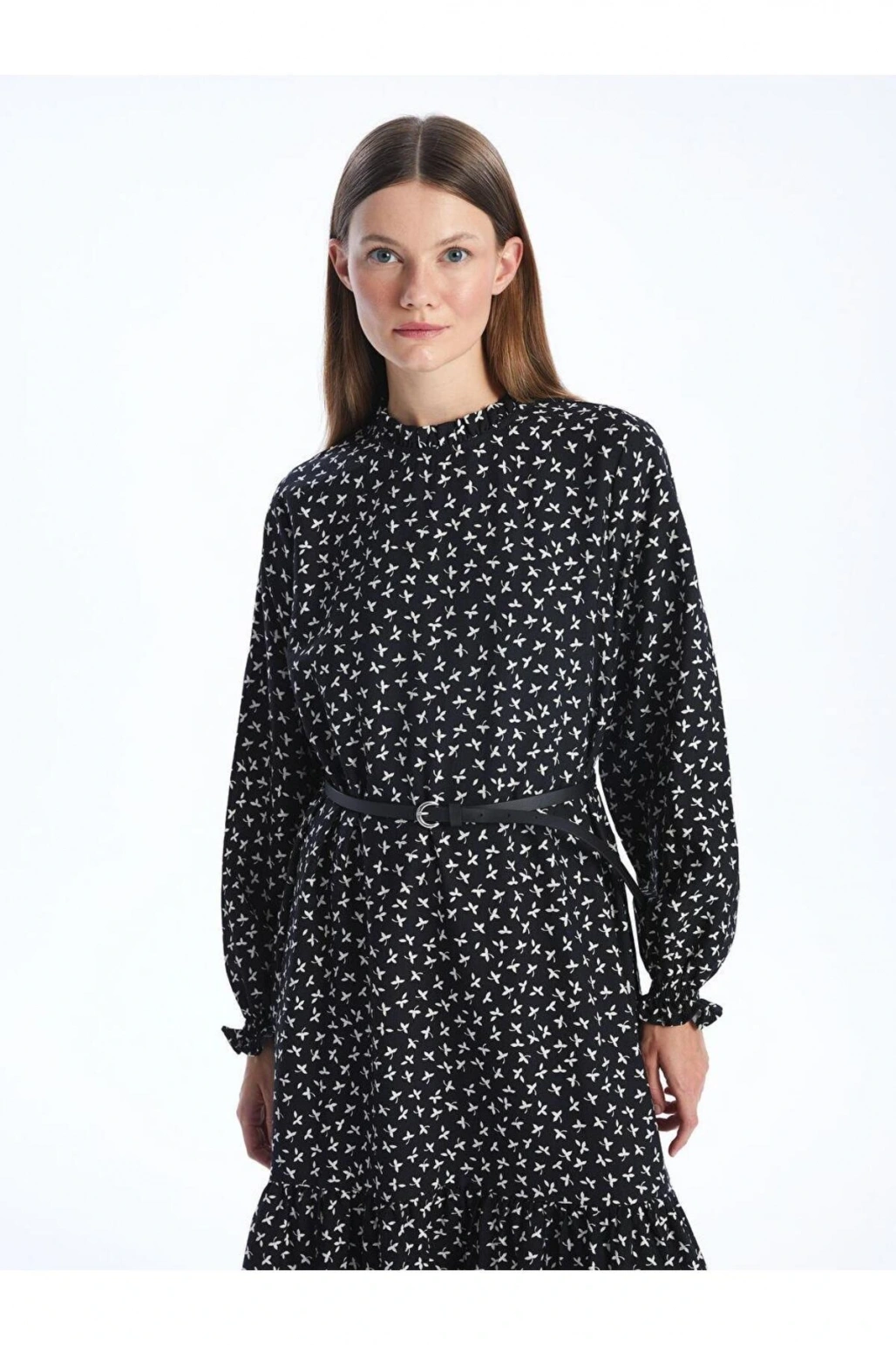 Siyah Baskılı Dik Yaka Desenli Uzun Kollu Kadın Elbise