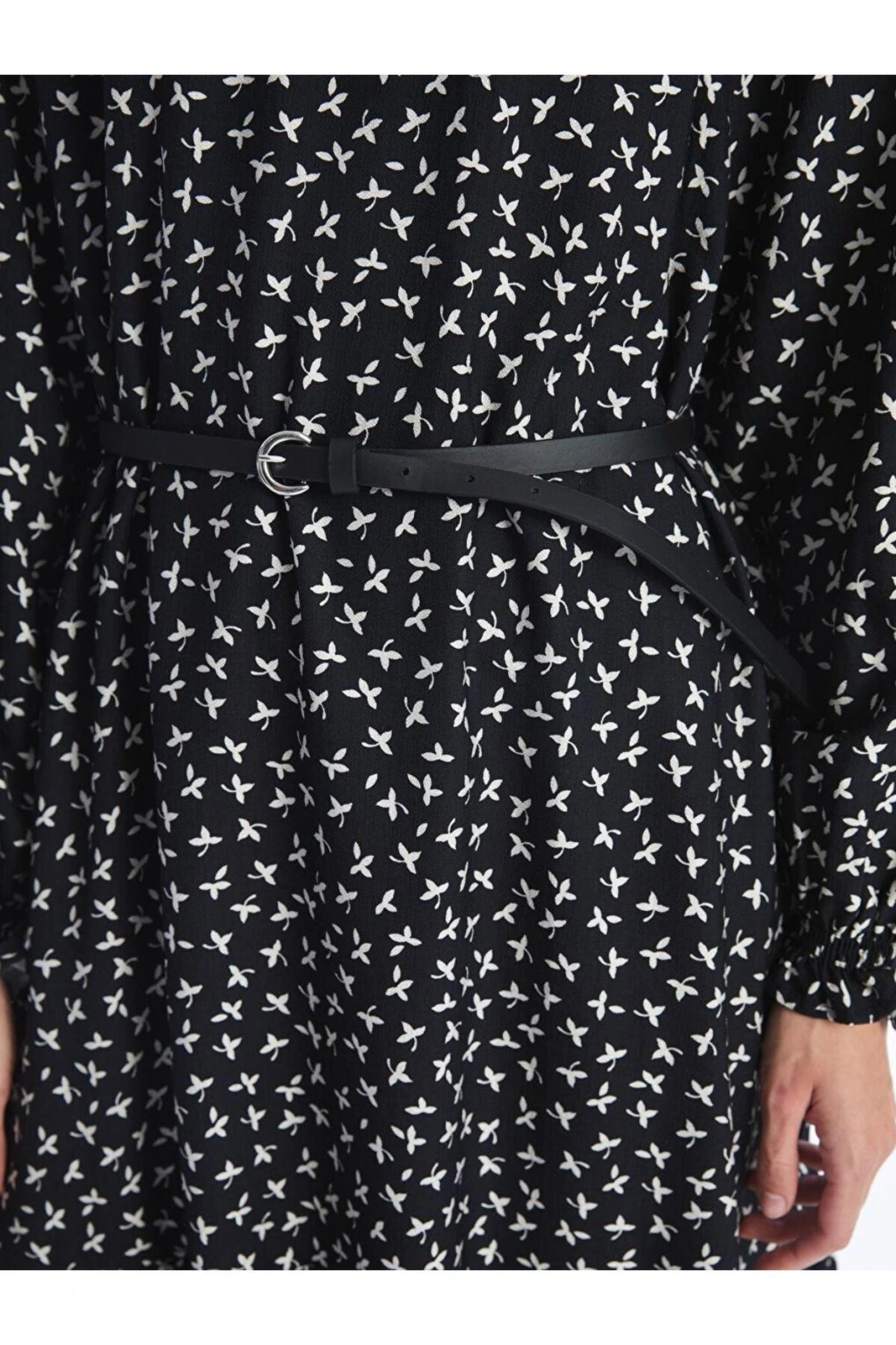 Siyah Baskılı Dik Yaka Desenli Uzun Kollu Kadın Elbise