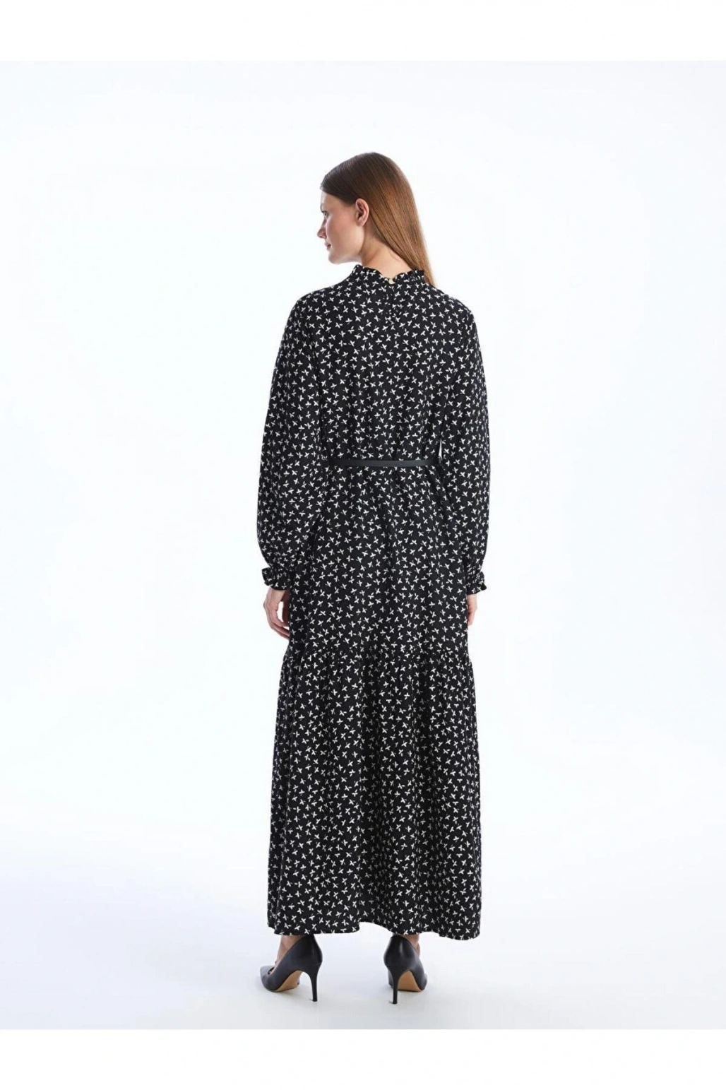 Siyah Baskılı Dik Yaka Desenli Uzun Kollu Kadın Elbise