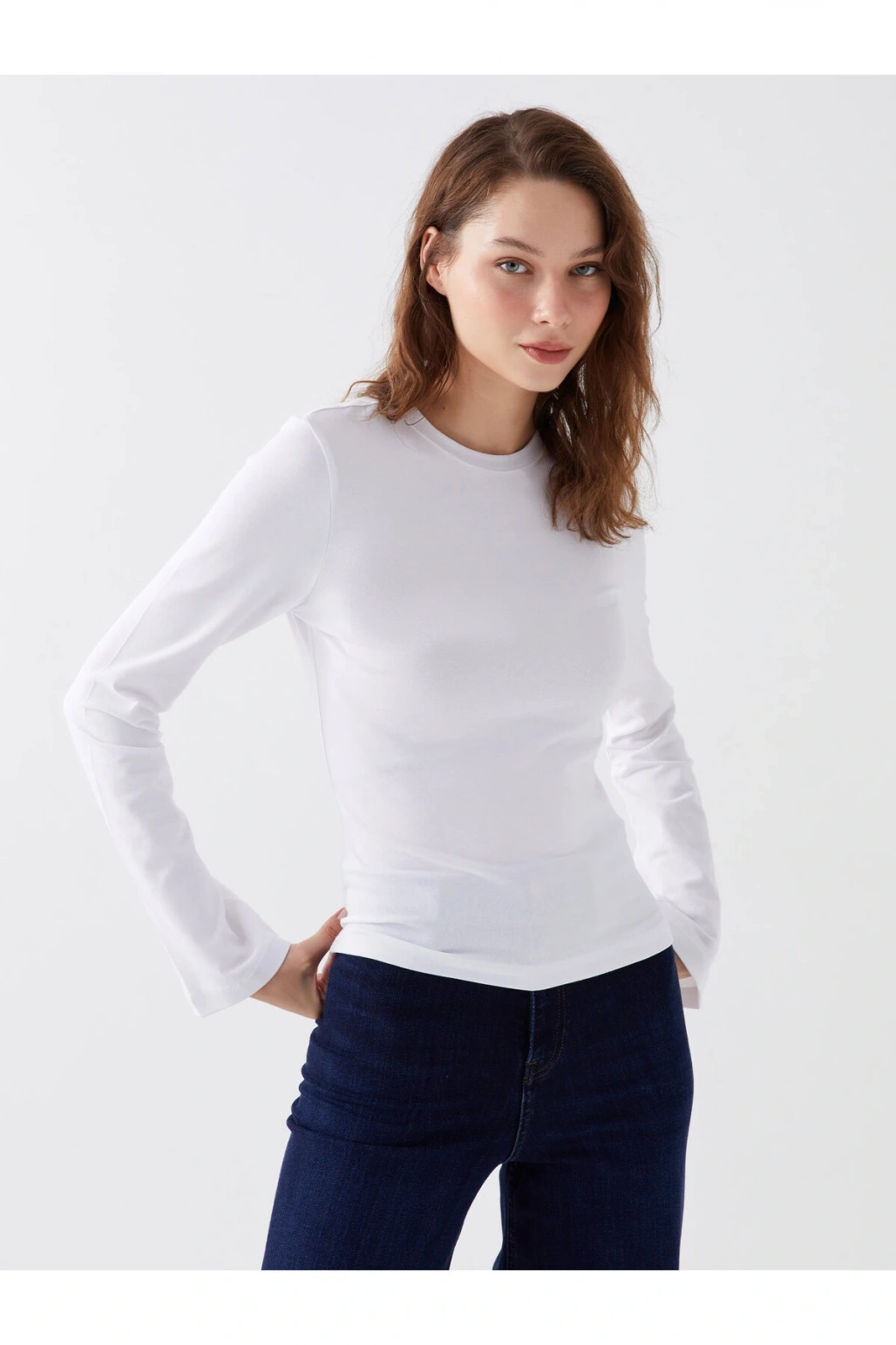 Bisiklet Yaka Düz Uzun Kollu Kadın Tişört