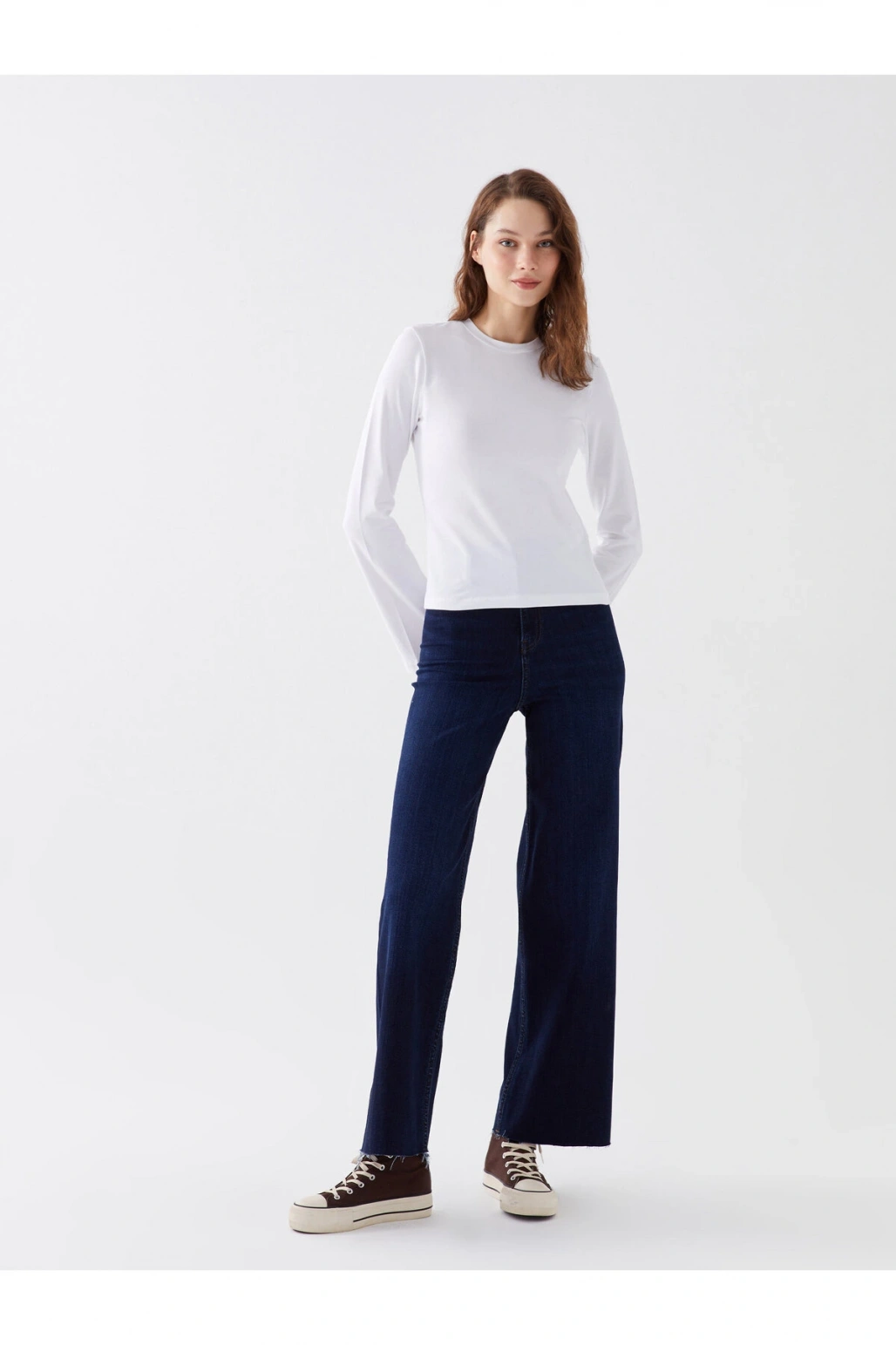 Bisiklet Yaka Düz Uzun Kollu Kadın Tişört