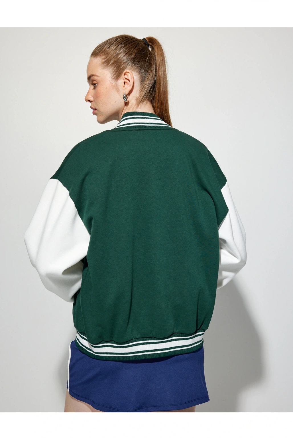 Şardonlu Kolej Ceket Oversize Bomber Yaka Baskılı Çıtçıt Düğmeli