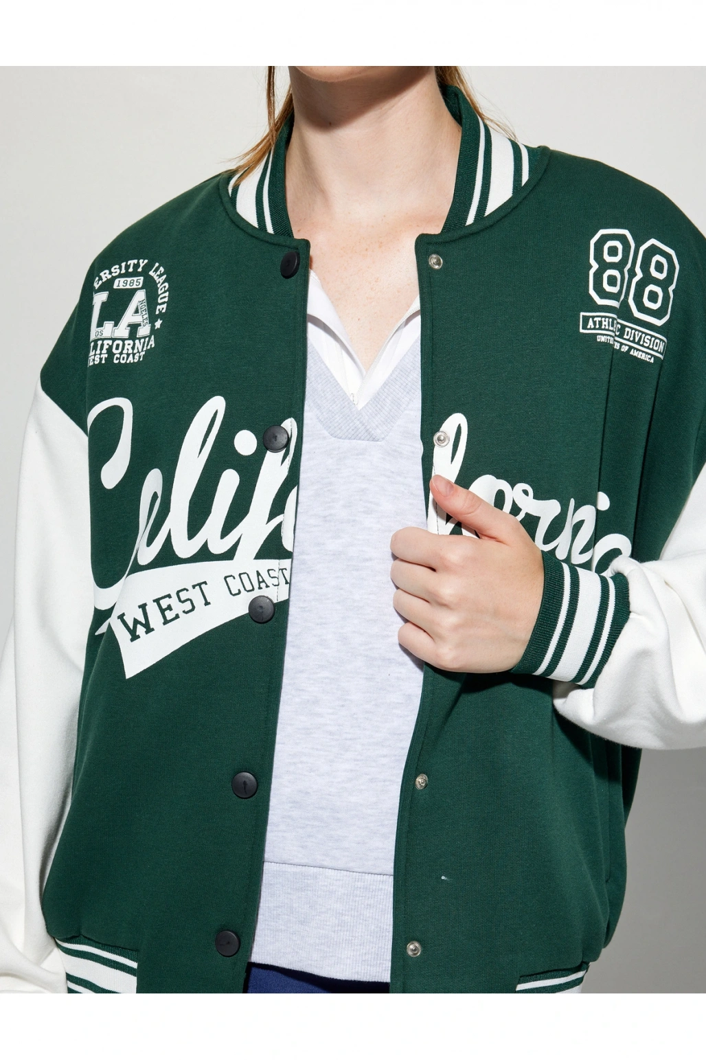 Şardonlu Kolej Ceket Oversize Bomber Yaka Baskılı Çıtçıt Düğmeli