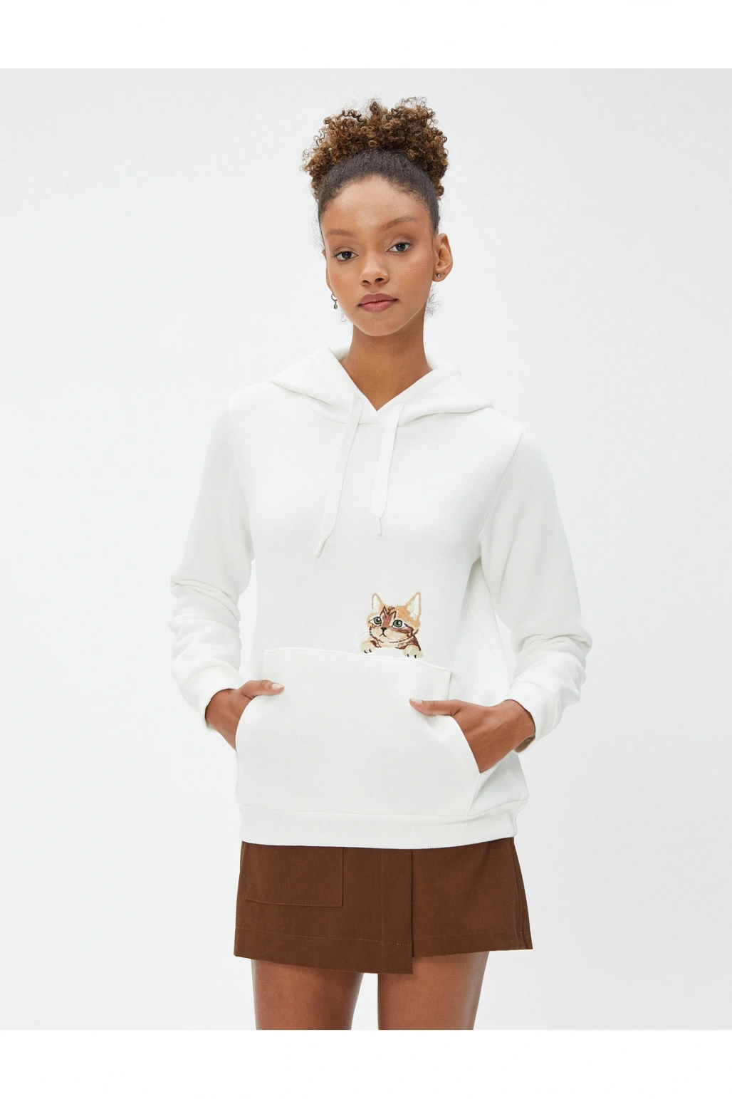 Kapüşonlu Sweatshirt Kanguru Cepli Kedi Nakışlı