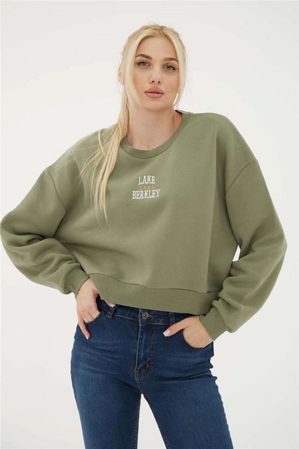 Nakışlı Crop Sweat Haki