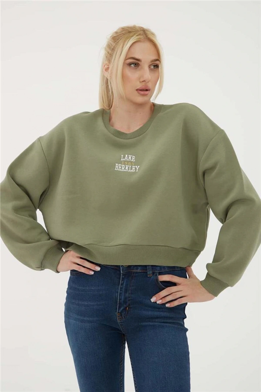 Nakışlı Crop Sweat Haki