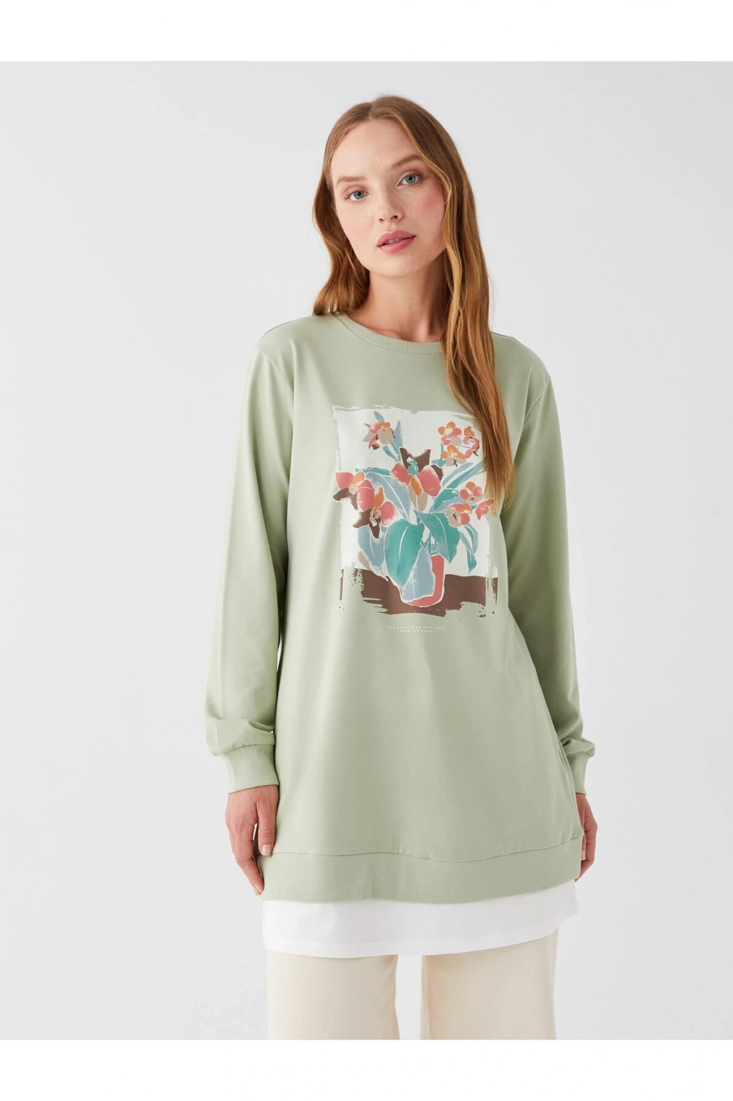 Bisiklet Yaka Baskılı Uzun Kollu Kadın Tunik