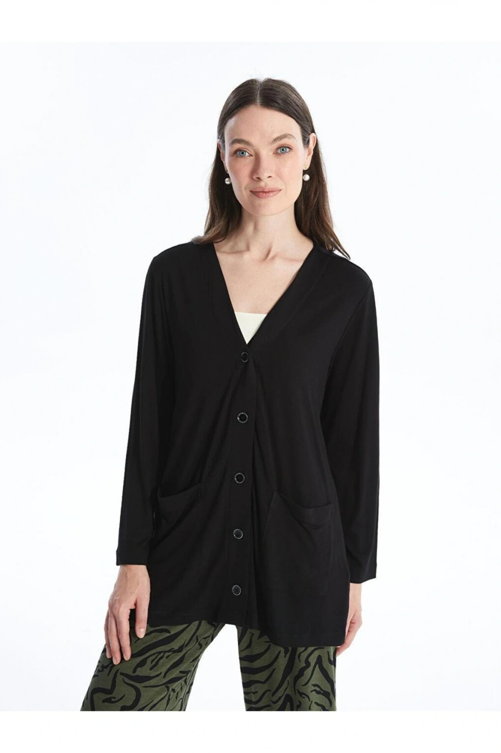 V Yaka Düz Uzun Kollu Kadın Hırka (S4)