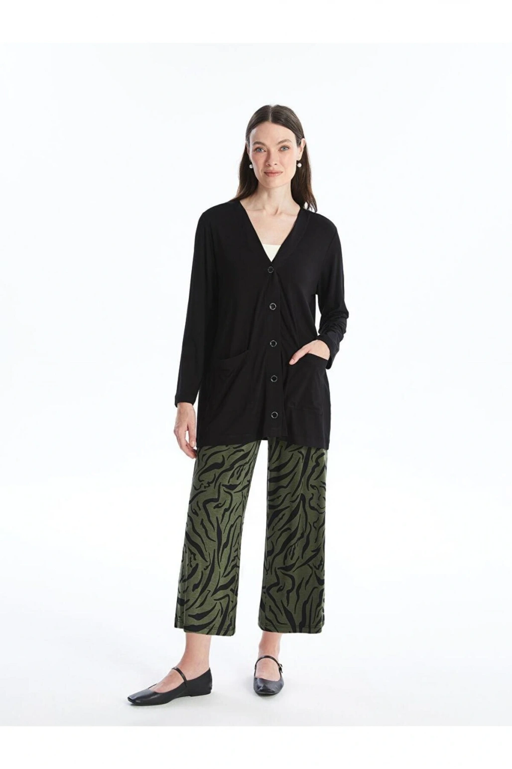 V Yaka Düz Uzun Kollu Kadın Hırka (S4)